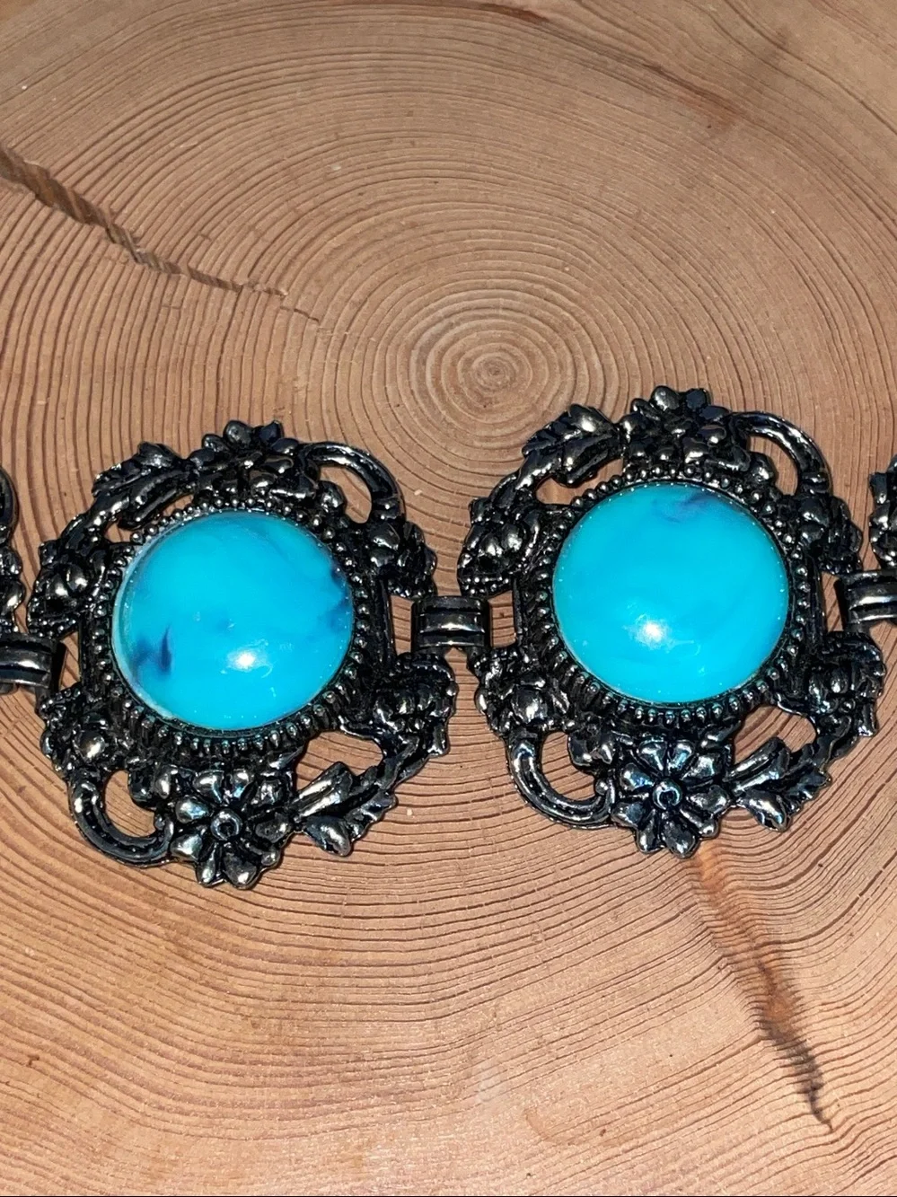Vintage 1950s Southwestern Style Faux Turquoise Filigree Panel Link Bracelet